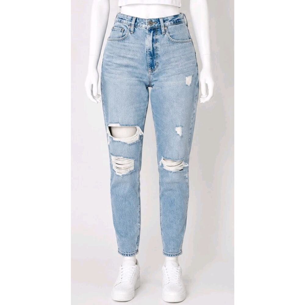 Hollister Ultra High-Rise Mom Jeans Womens 7L W27 L29 Distressed Light Wash